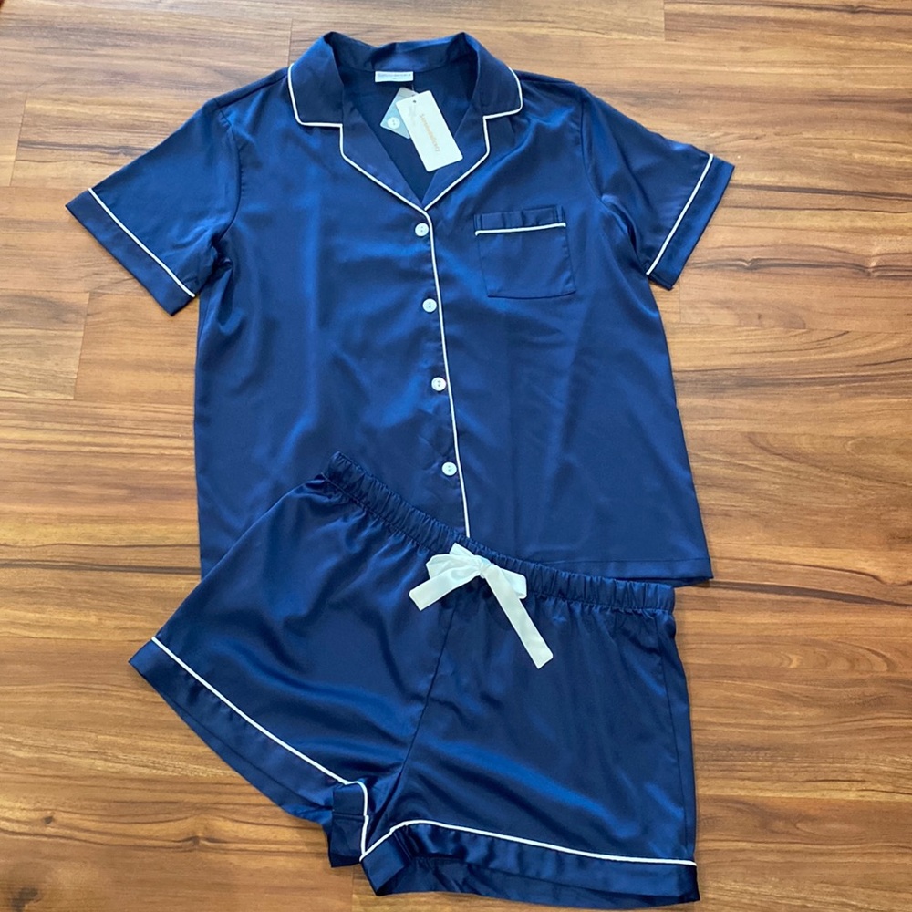 Serendelicacy blue satin medium 8-10 shirt pj set NWT